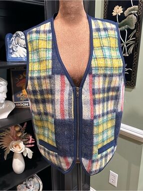 Vintage Vision 1 Wool Plaid Zip‑Front Vest – Blue Trim – Size Medium
